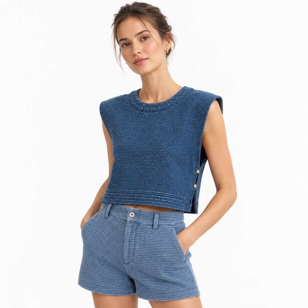 Favorite Daughter Arlo Top Women Small Blue Textured Knit Side Button Sleeveless